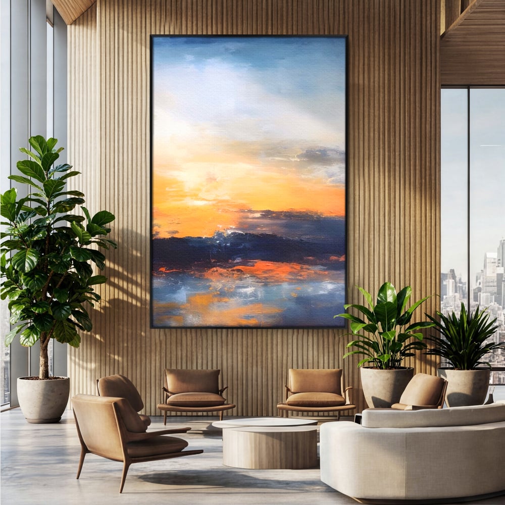 Tablou canvas cu tablou canvas cu apus abstract, in rama de aluminiu negru, pe perete intr-un birou
